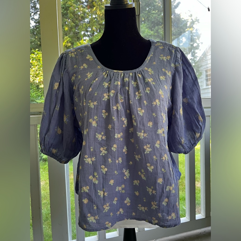 Free People Floral Puff Sleeve Top - Blue